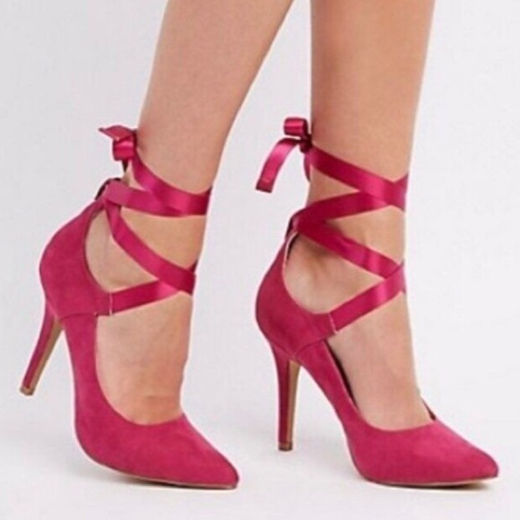 Charolette Russe Hot Pink Suede Lace-up Ribbon Heels Size:8 (Never Worn) - Picture 1 of 7